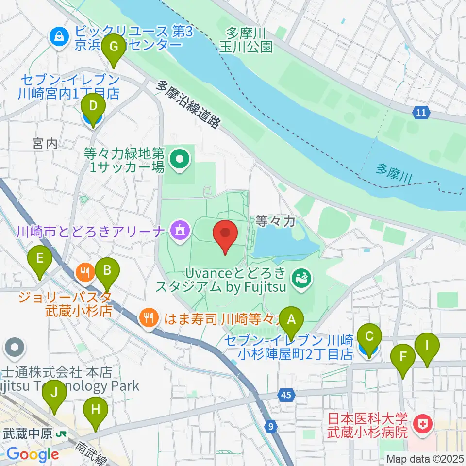 等々力緑地中央グラウンド周辺のコンビニエンスストア一覧地図