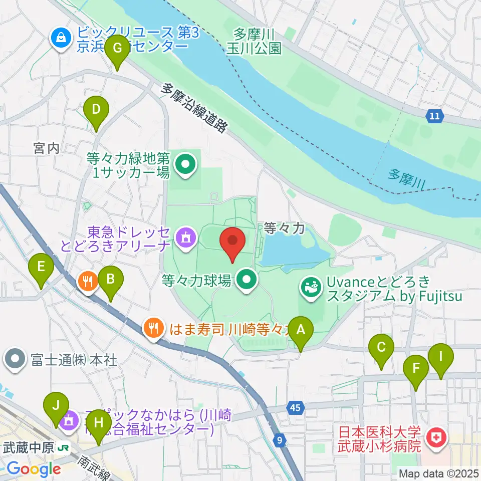 等々力緑地中央グラウンド周辺のコンビニエンスストア一覧地図