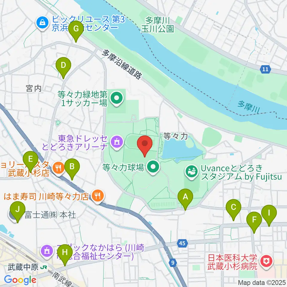 等々力緑地中央グラウンド周辺のコンビニエンスストア一覧地図