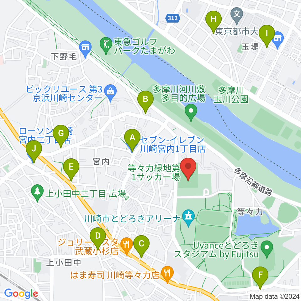 等々力第1・第2サッカー場周辺のコンビニエンスストア一覧地図