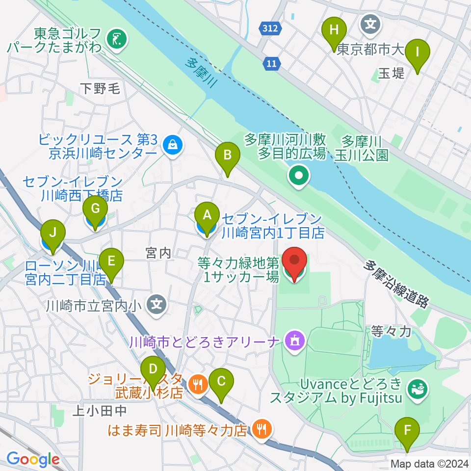 等々力第1・第2サッカー場周辺のコンビニエンスストア一覧地図