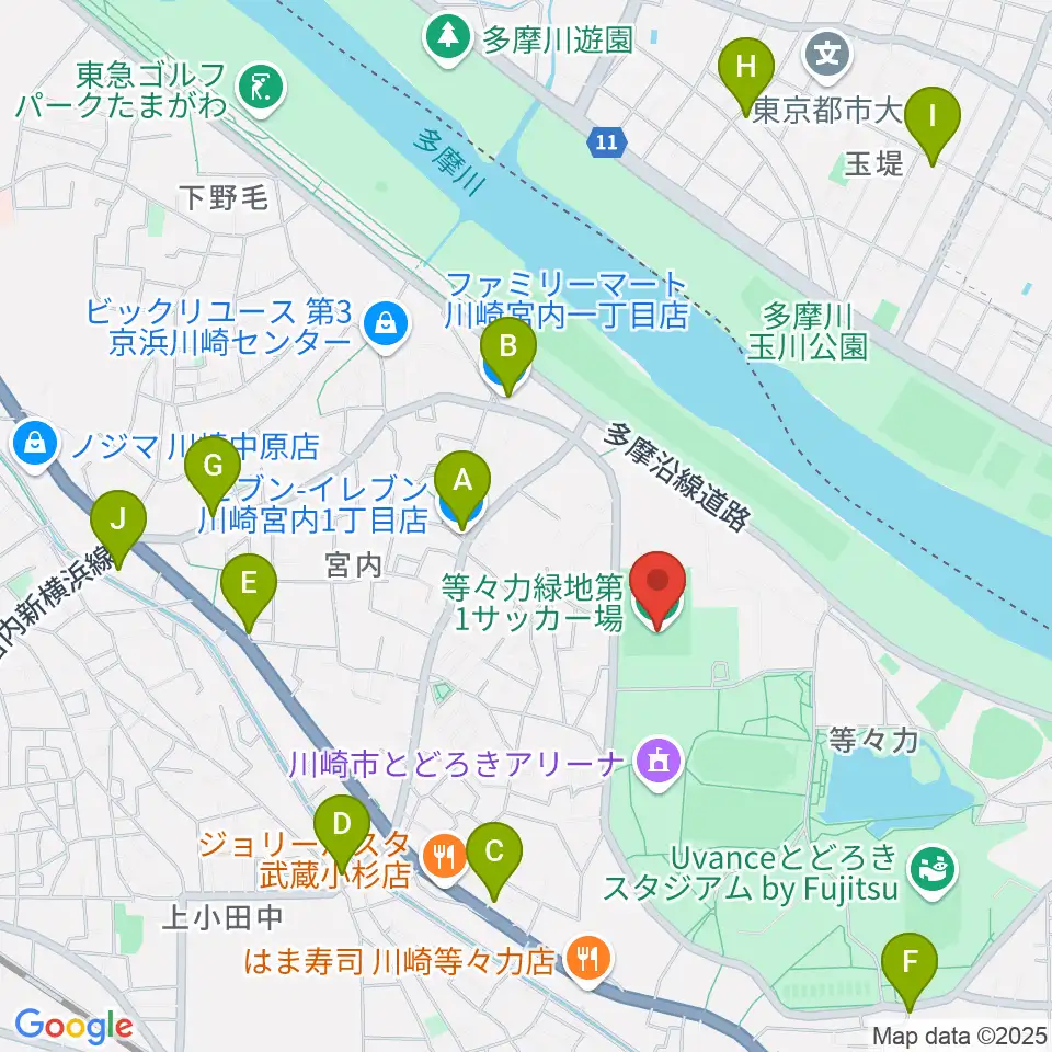 等々力第1・第2サッカー場周辺のコンビニエンスストア一覧地図