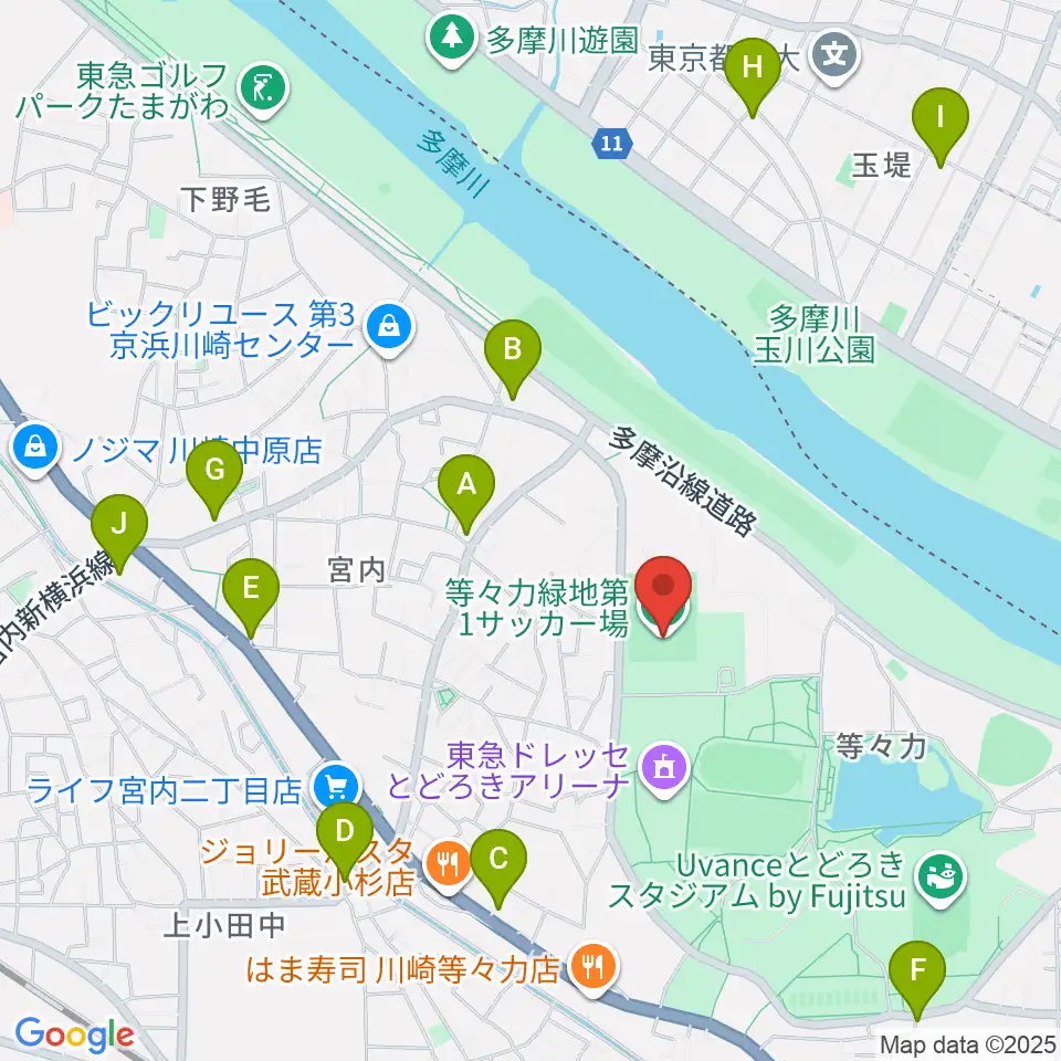 等々力第1・第2サッカー場周辺のコンビニエンスストア一覧地図