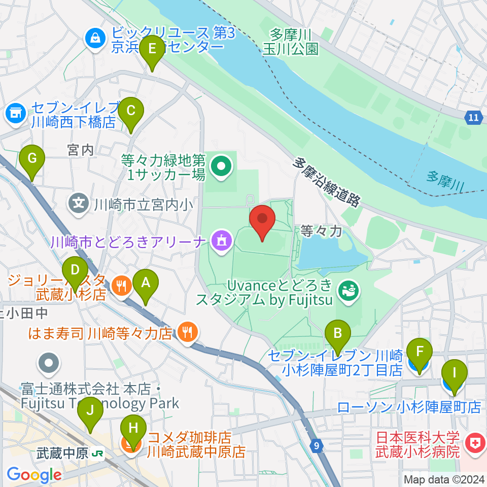 等々力補助陸上競技場周辺のコンビニエンスストア一覧地図