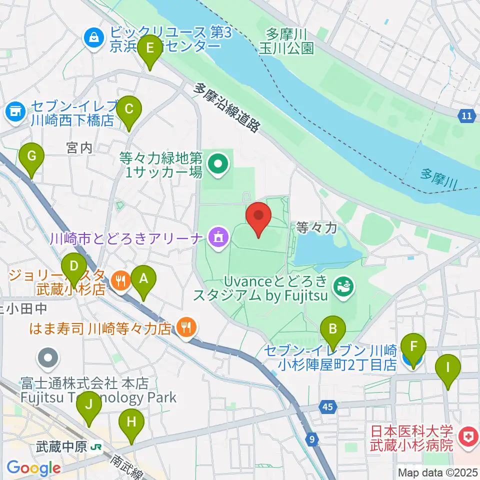 等々力補助陸上競技場周辺のコンビニエンスストア一覧地図