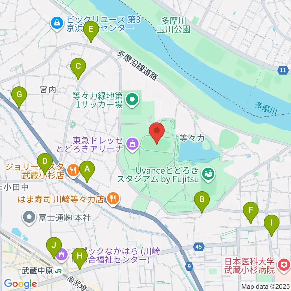 等々力補助陸上競技場周辺のコンビニエンスストア一覧地図