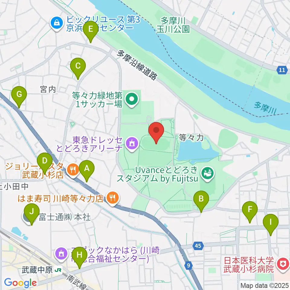 等々力補助陸上競技場周辺のコンビニエンスストア一覧地図