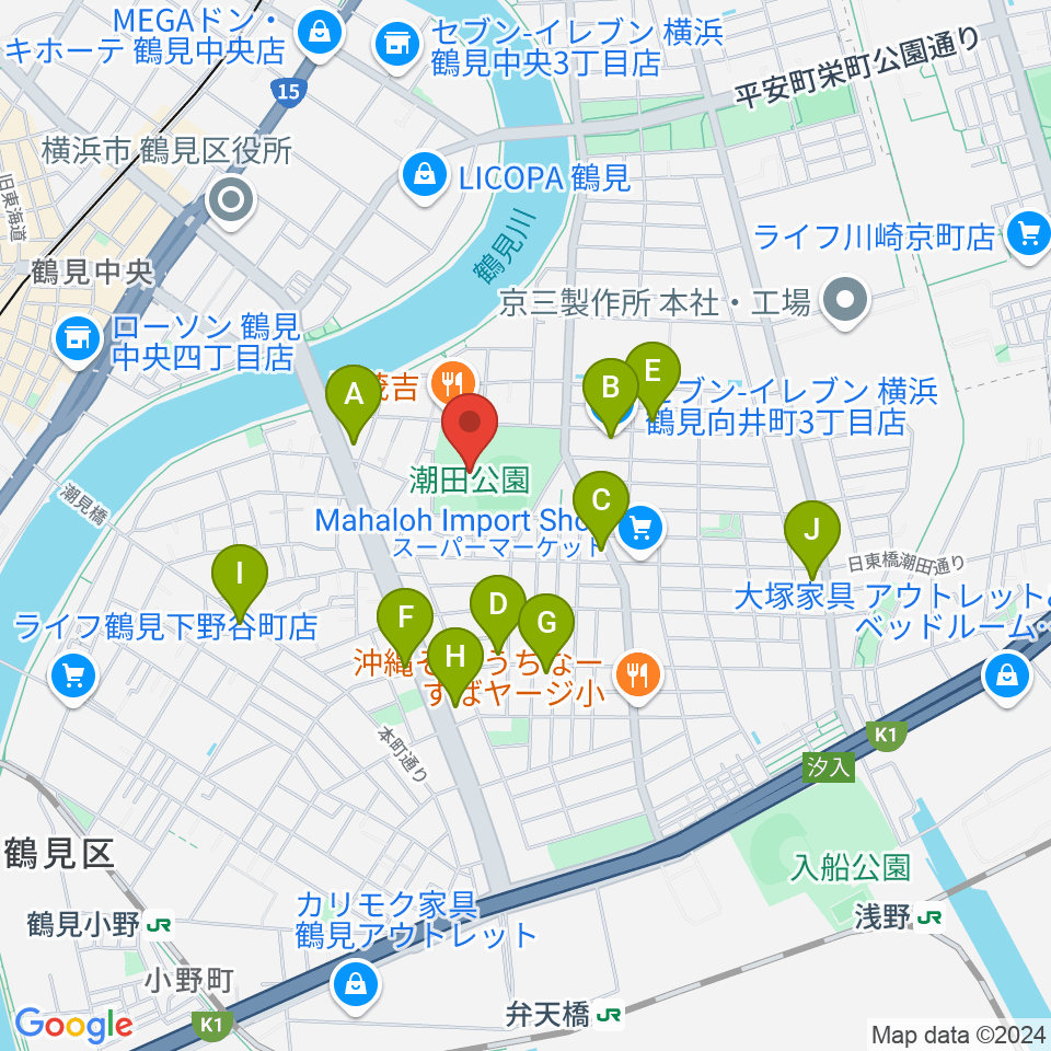 潮田公園野球場周辺のコンビニエンスストア一覧地図