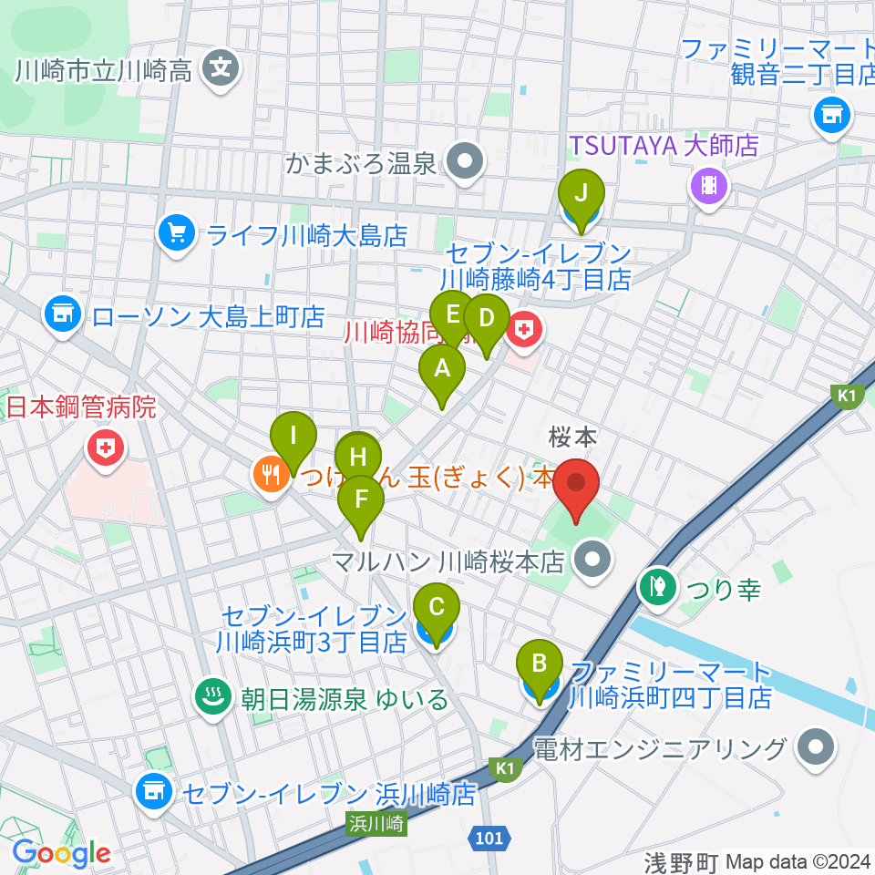 桜川公園野球場周辺のコンビニエンスストア一覧地図