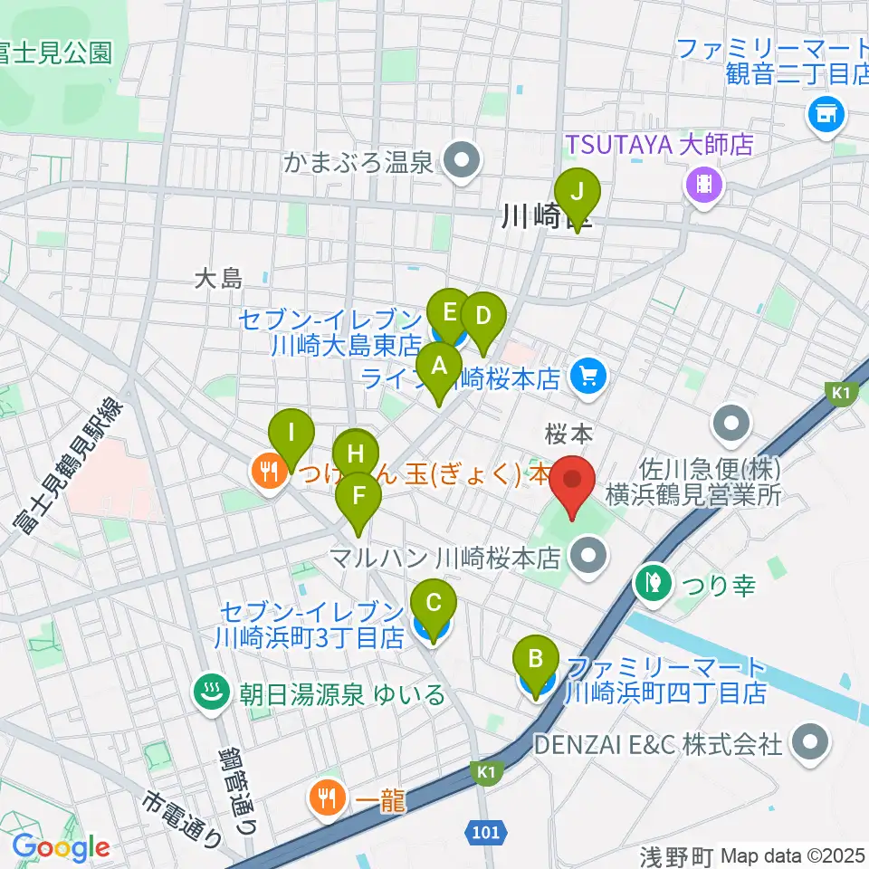 桜川公園野球場周辺のコンビニエンスストア一覧地図