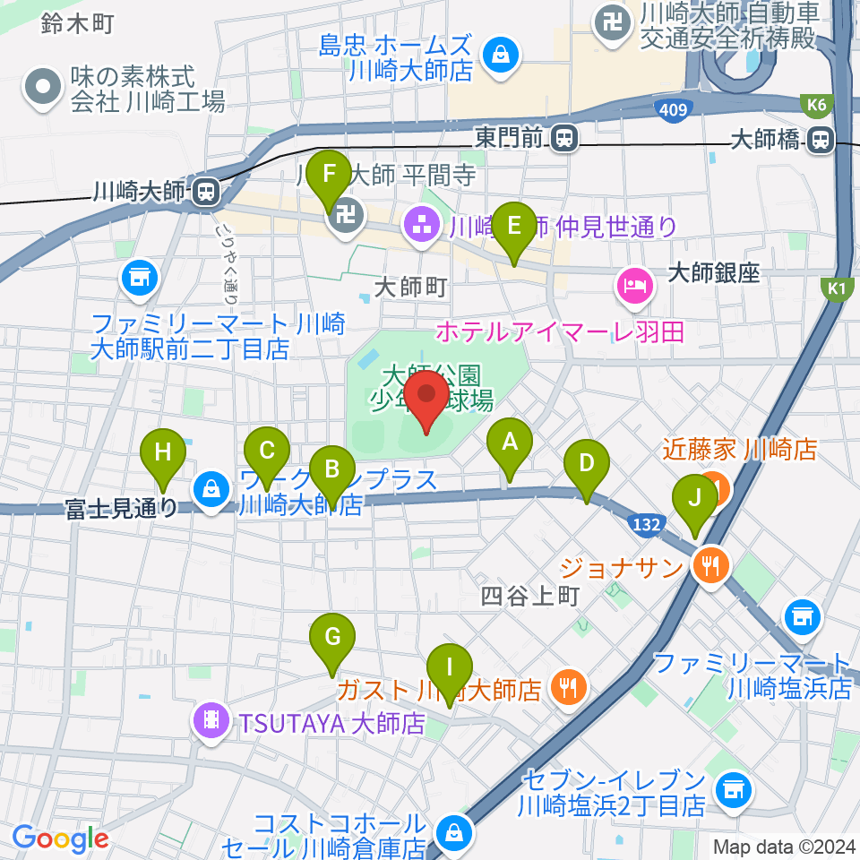 大師球場周辺のコンビニエンスストア一覧地図