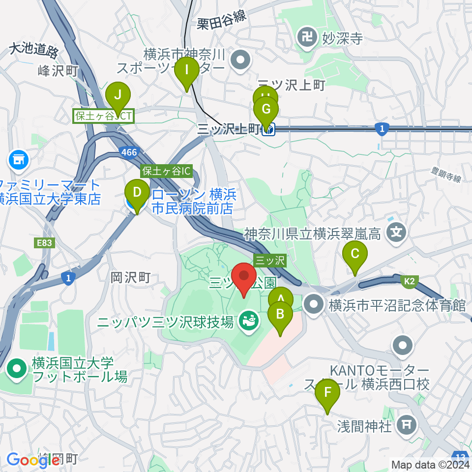 三ツ沢公園補助陸上競技場周辺のコンビニエンスストア一覧地図