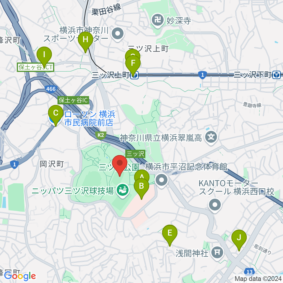 三ツ沢公園補助陸上競技場周辺のコンビニエンスストア一覧地図