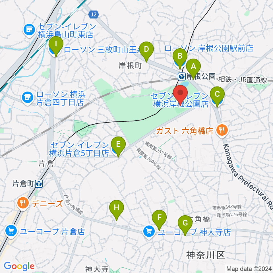 岸根公園野球場周辺のコンビニエンスストア一覧地図