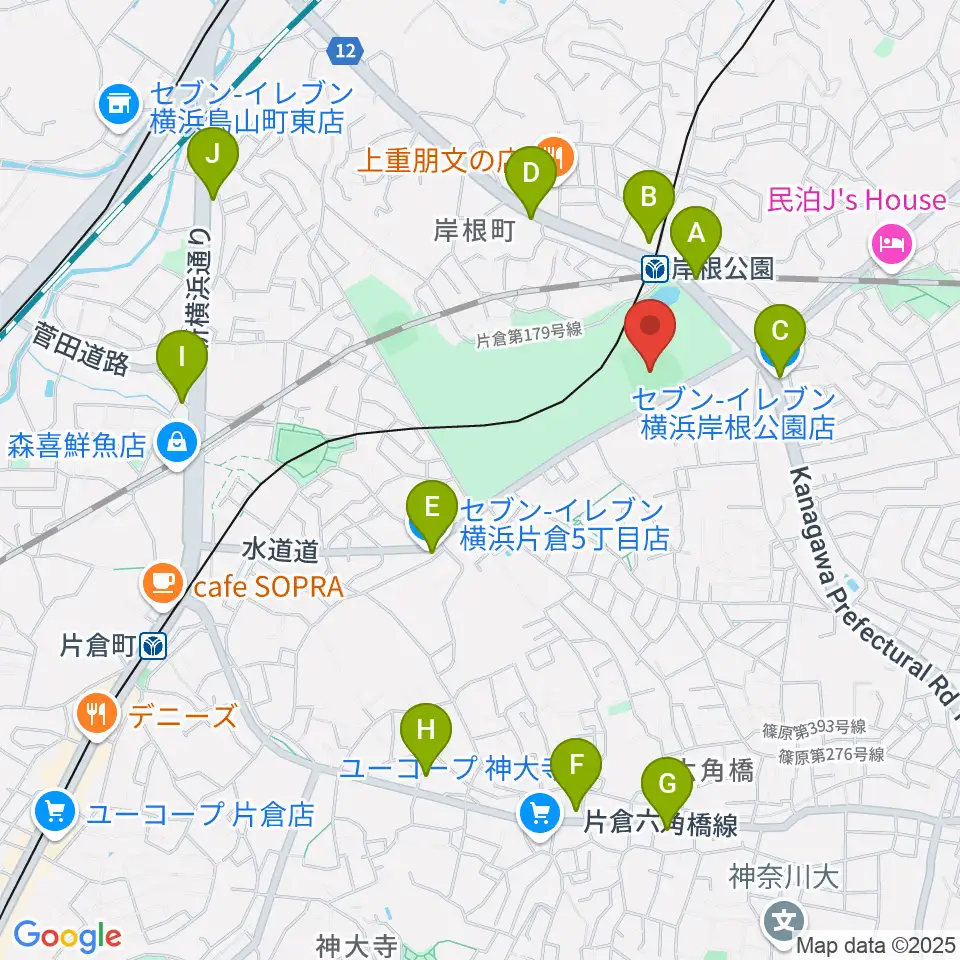 岸根公園野球場周辺のコンビニエンスストア一覧地図