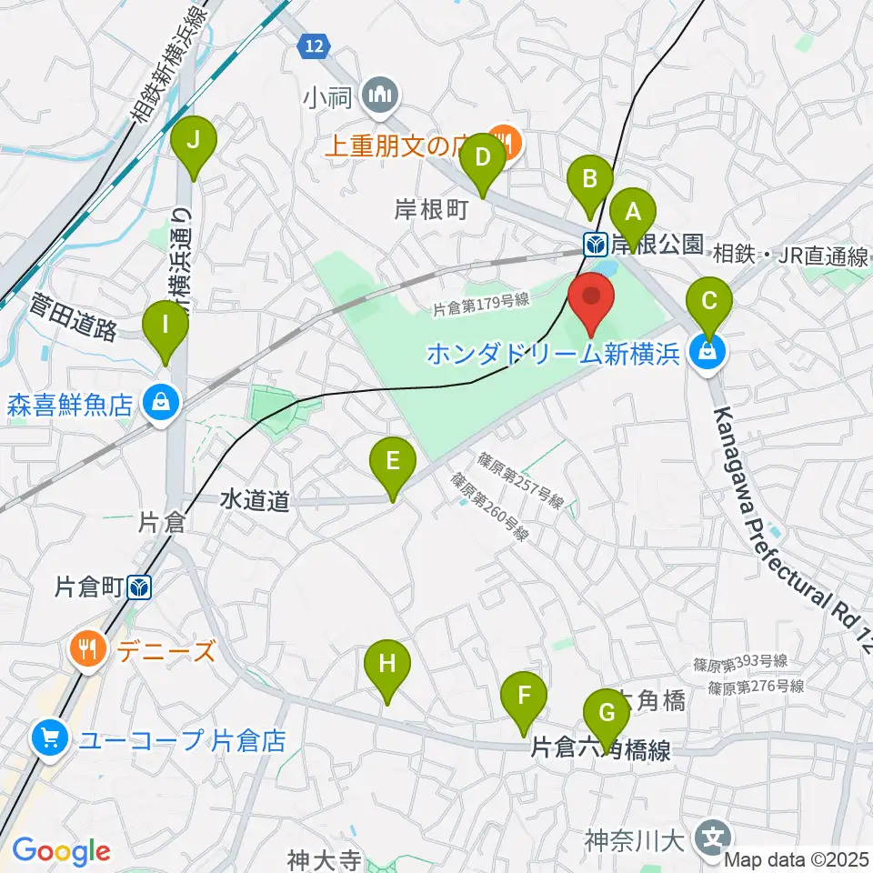 岸根公園野球場周辺のコンビニエンスストア一覧地図