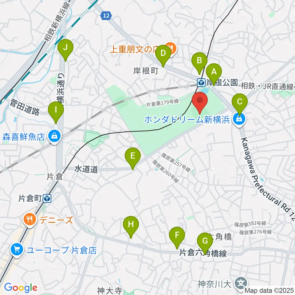 岸根公園野球場周辺のコンビニエンスストア一覧地図