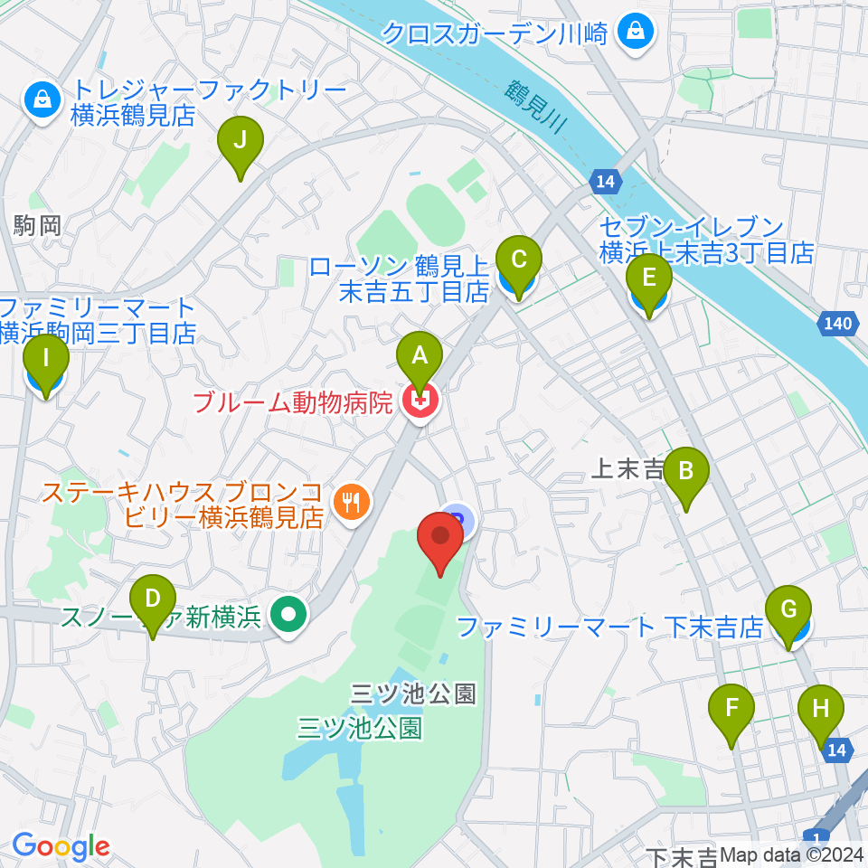 三ツ池公園多目的広場周辺のコンビニエンスストア一覧地図