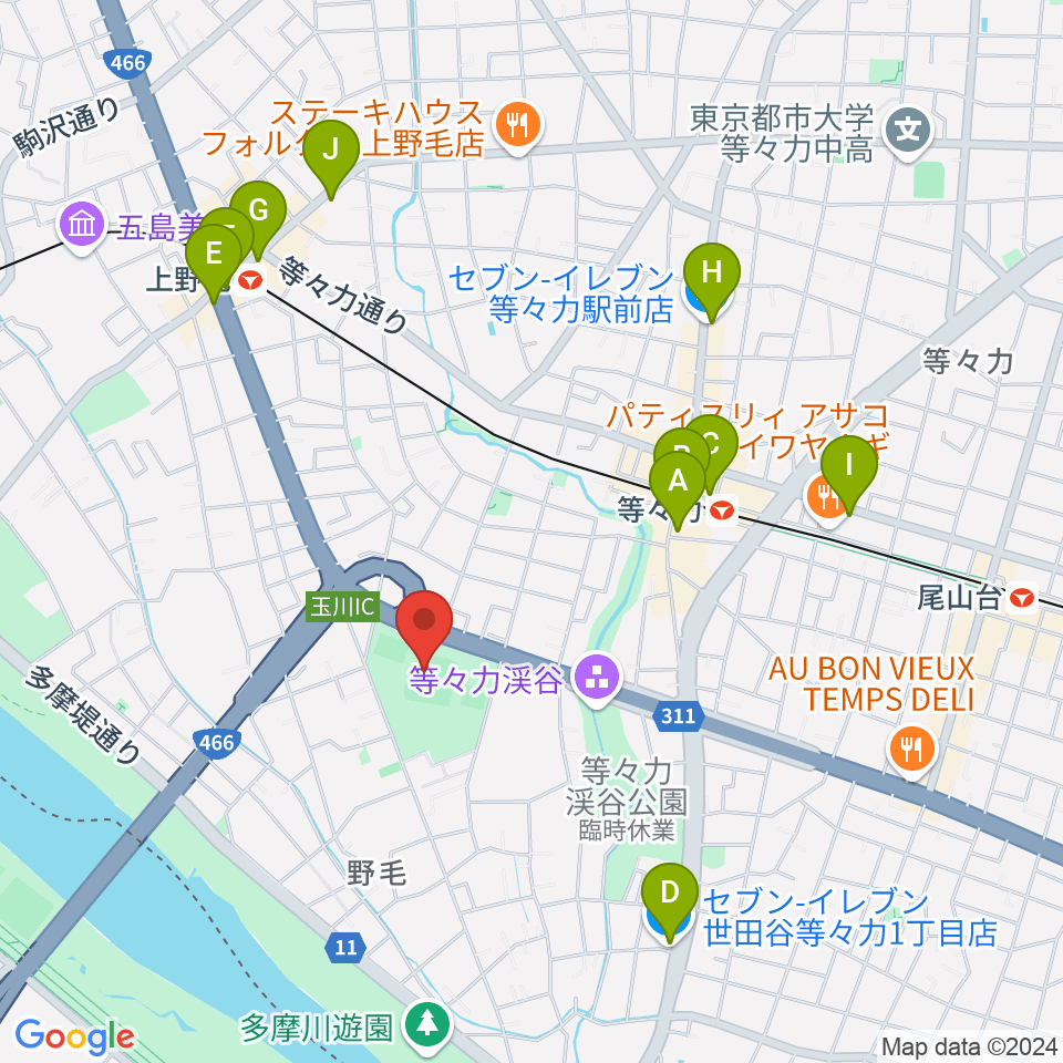 玉川野毛町公園野球場周辺のコンビニエンスストア一覧地図