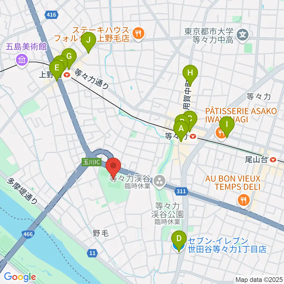 玉川野毛町公園野球場周辺のコンビニエンスストア一覧地図