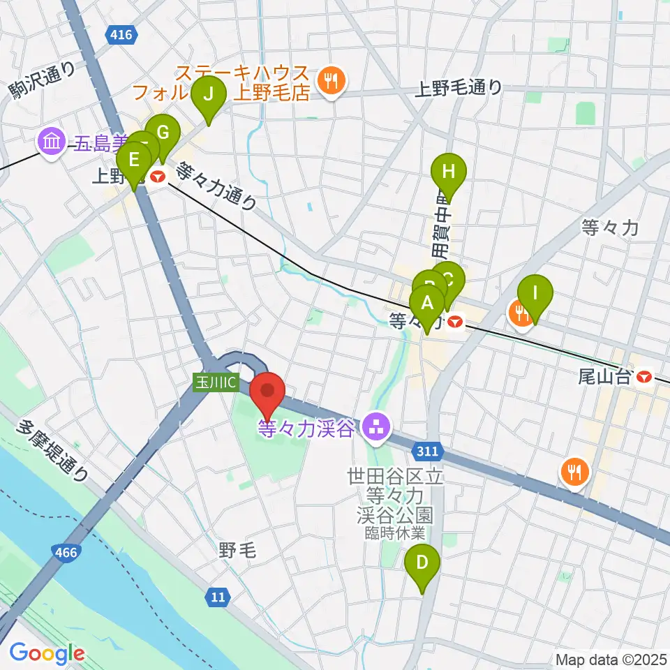 玉川野毛町公園野球場周辺のコンビニエンスストア一覧地図