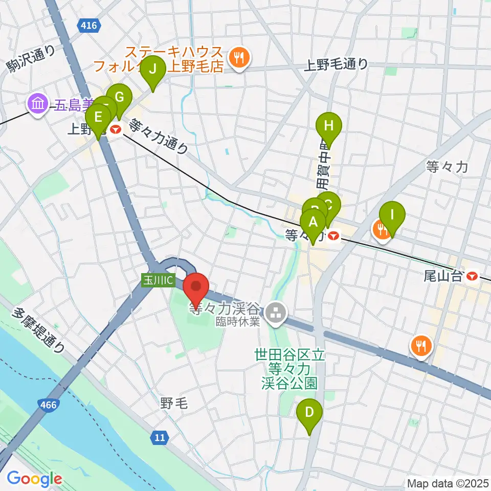 玉川野毛町公園野球場周辺のコンビニエンスストア一覧地図