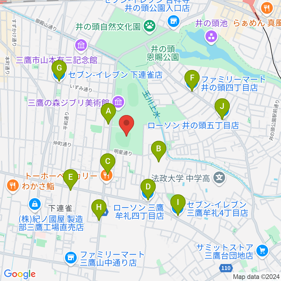 井の頭恩賜公園野球場周辺のコンビニエンスストア一覧地図