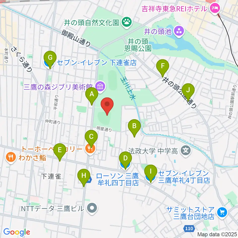 井の頭恩賜公園野球場周辺のコンビニエンスストア一覧地図