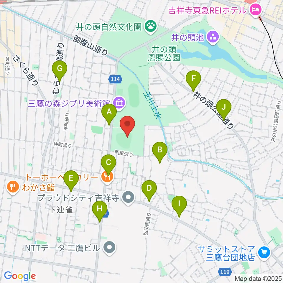 井の頭恩賜公園野球場周辺のコンビニエンスストア一覧地図