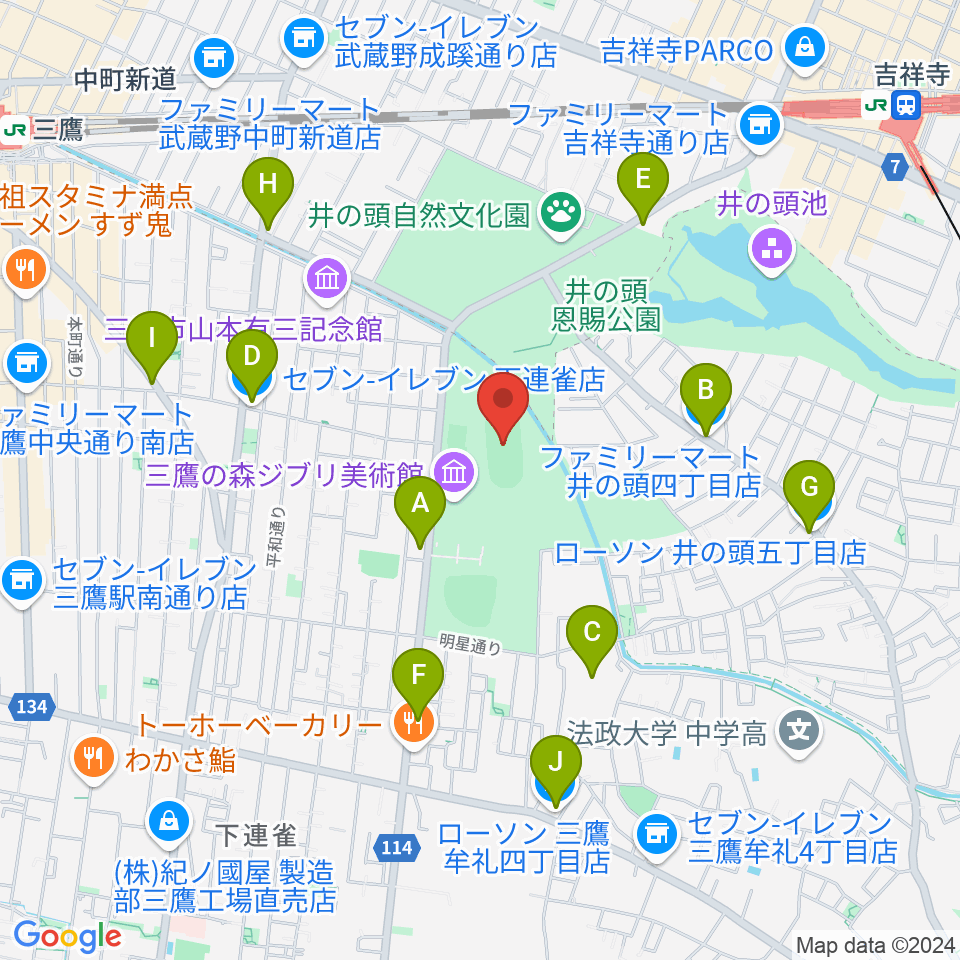 井の頭恩賜公園競技場周辺のコンビニエンスストア一覧地図