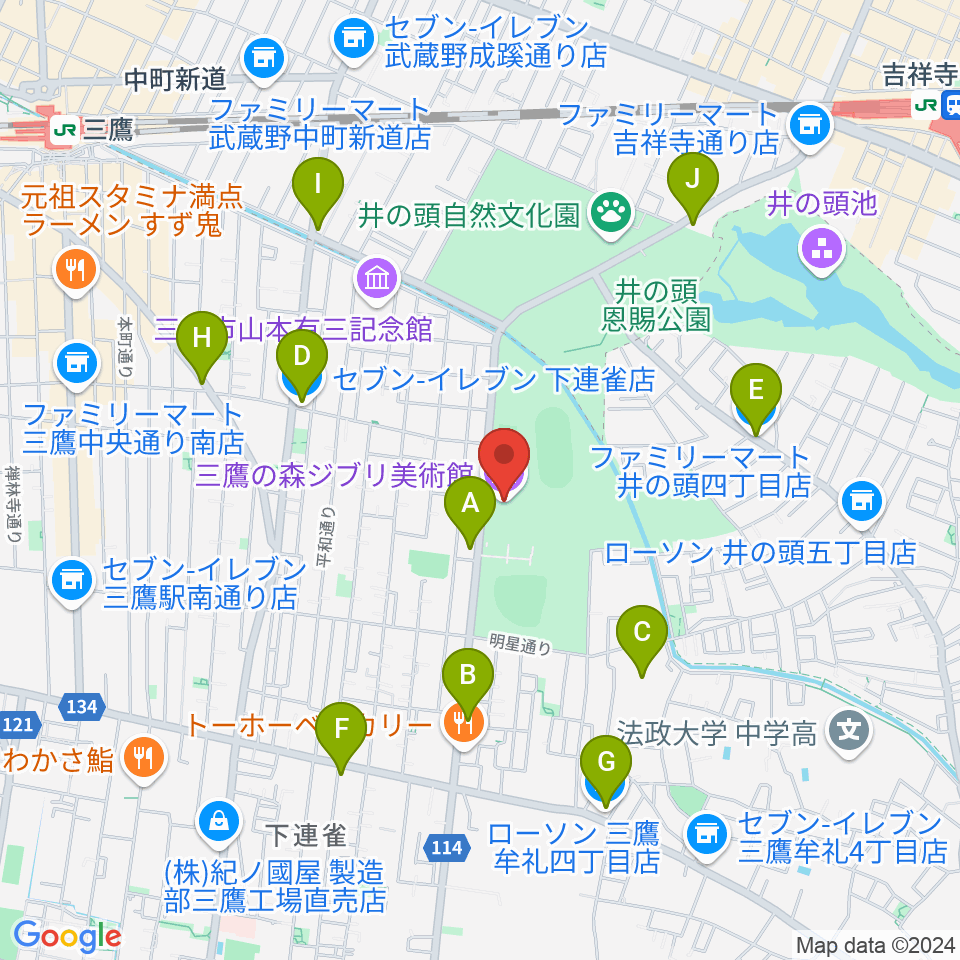 三鷹の森ジブリ美術館周辺のコンビニエンスストア一覧地図