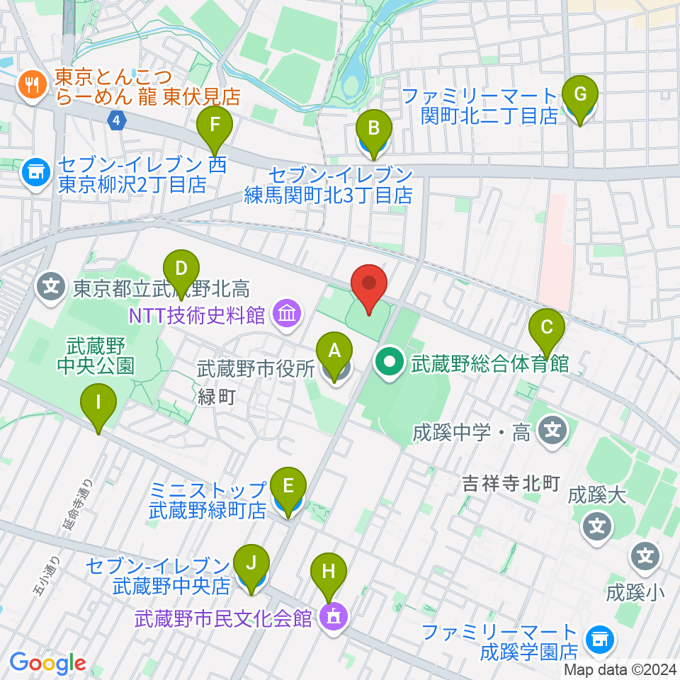 武蔵野軟式野球場周辺のコンビニエンスストア一覧地図