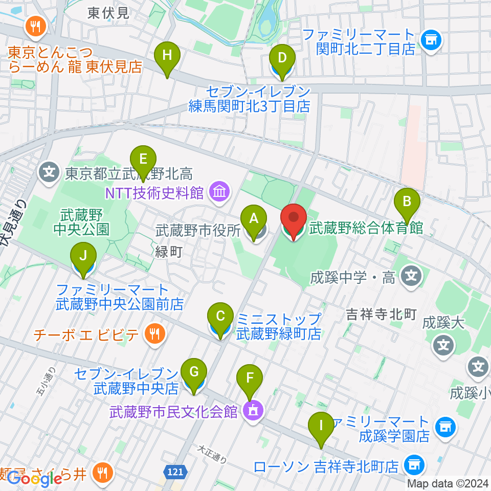 武蔵野総合体育館周辺のコンビニエンスストア一覧地図