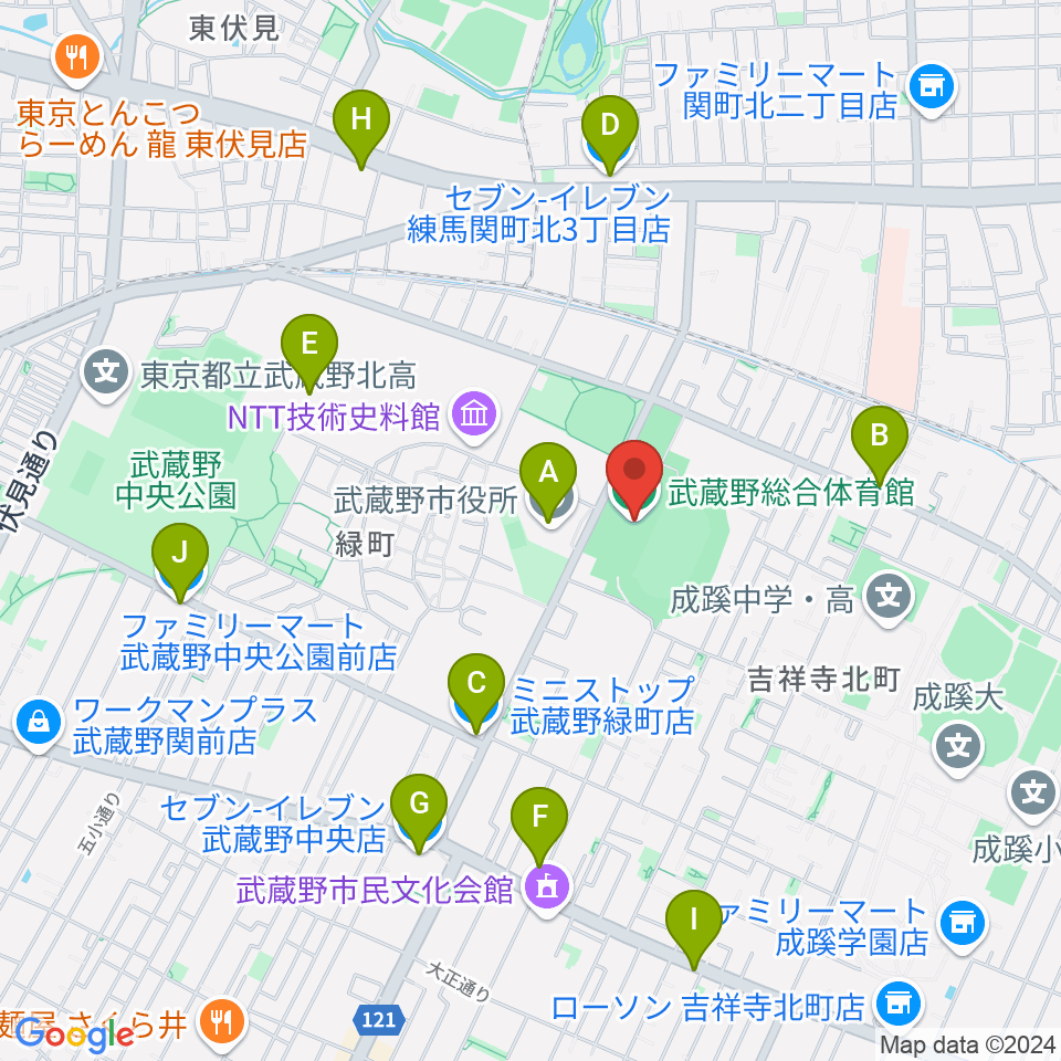 武蔵野総合体育館周辺のコンビニエンスストア一覧地図