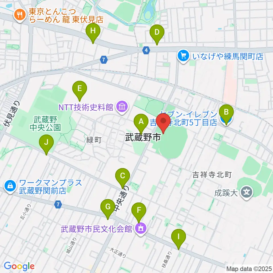 武蔵野総合体育館周辺のコンビニエンスストア一覧地図