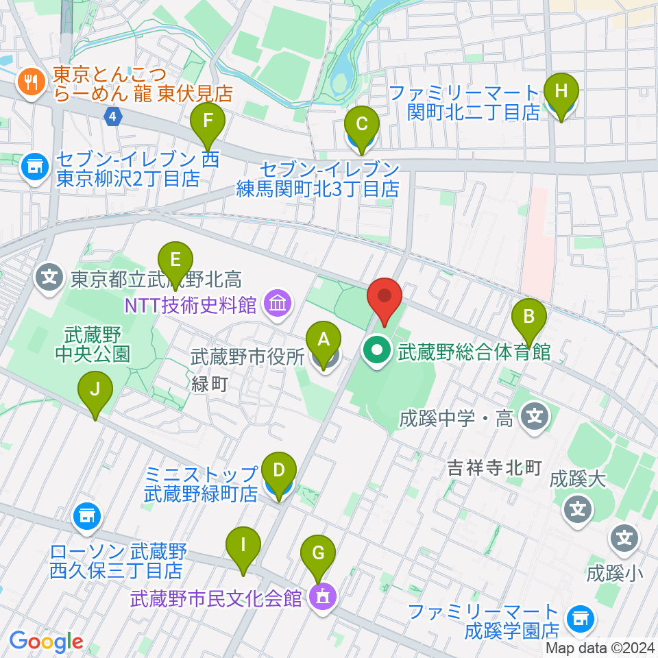 武蔵野温水プール周辺のコンビニエンスストア一覧地図