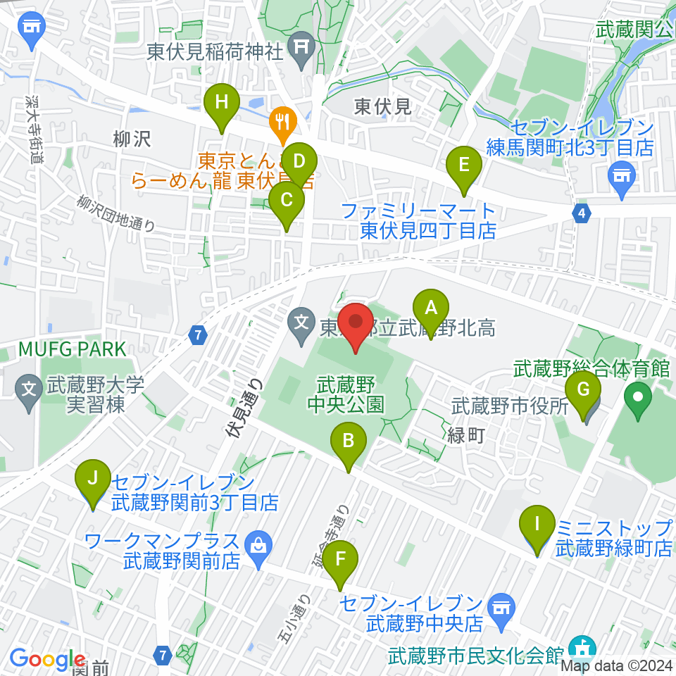 武蔵野中央公園スポーツ広場周辺のコンビニエンスストア一覧地図