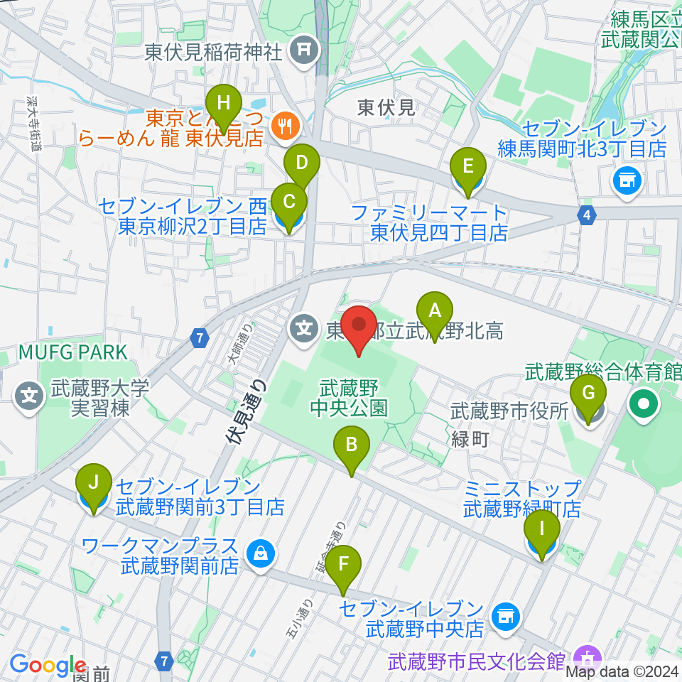 武蔵野中央公園スポーツ広場周辺のコンビニエンスストア一覧地図