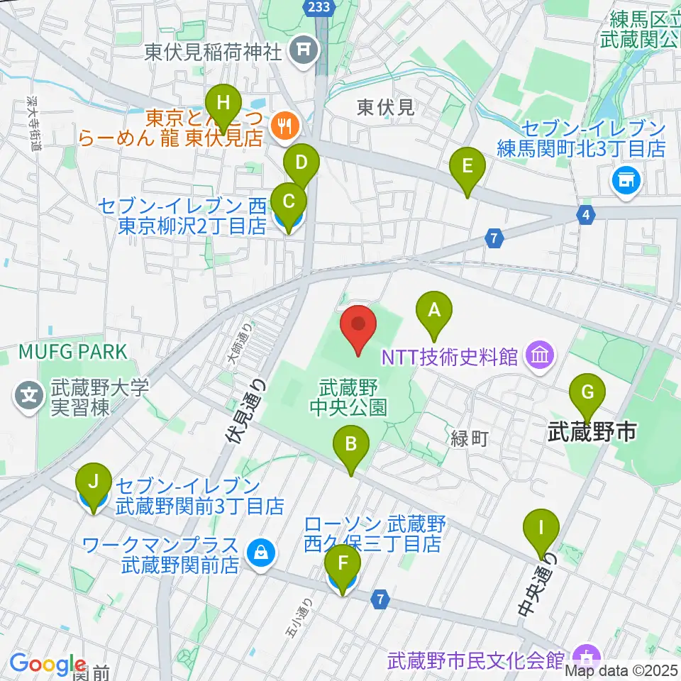 武蔵野中央公園スポーツ広場周辺のコンビニエンスストア一覧地図