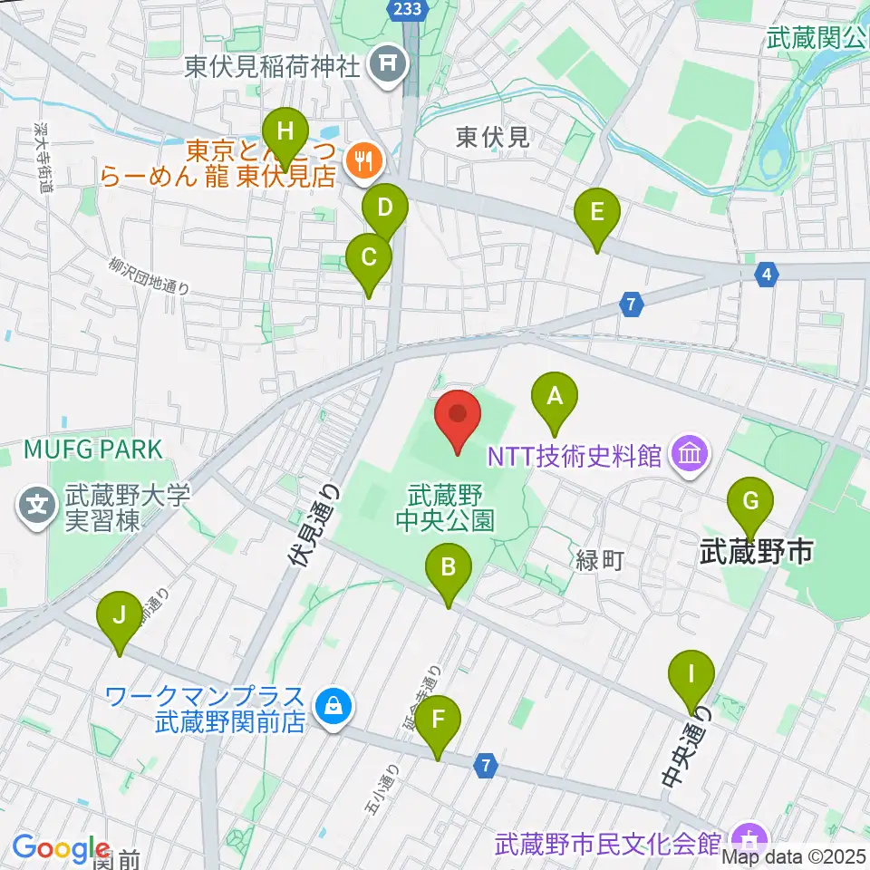 武蔵野中央公園スポーツ広場周辺のコンビニエンスストア一覧地図