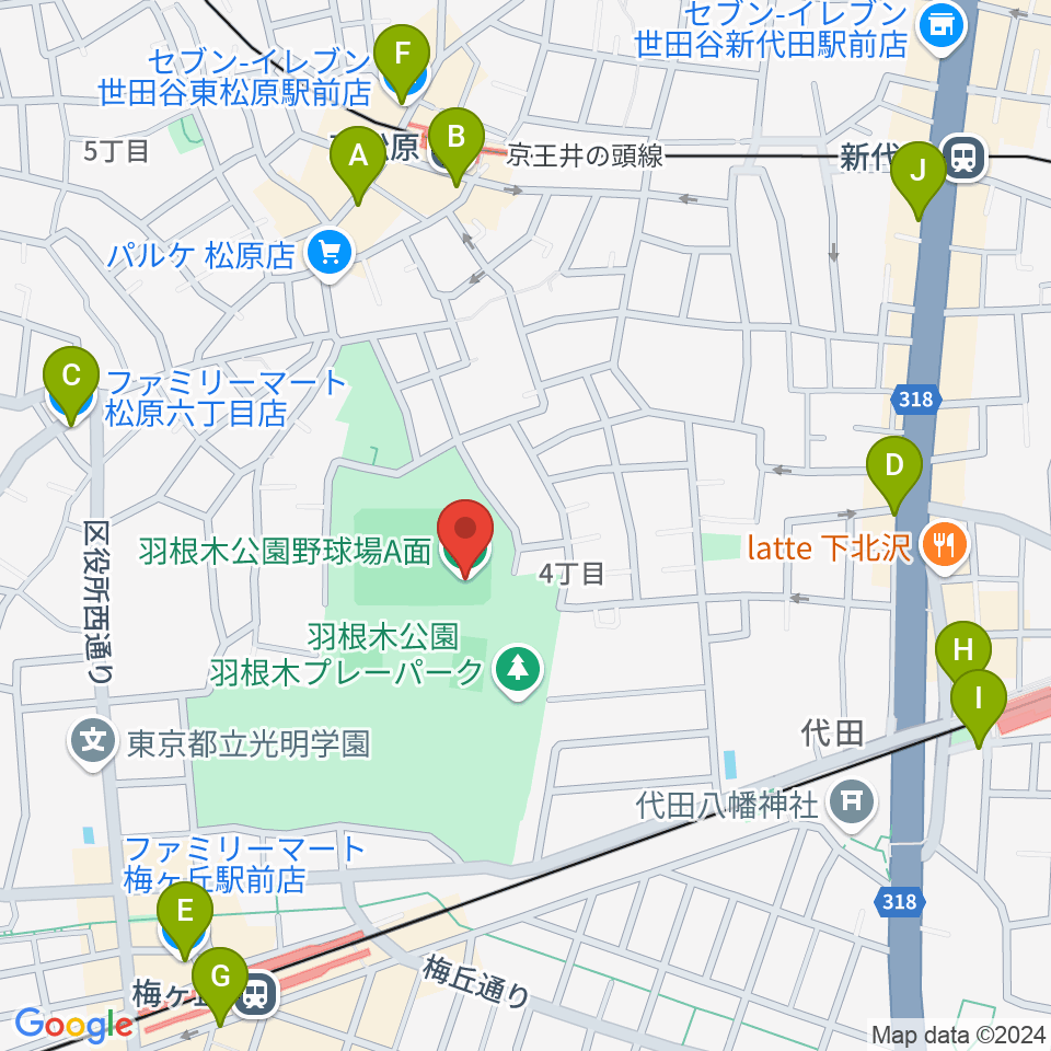 羽根木公園野球場周辺のコンビニエンスストア一覧地図