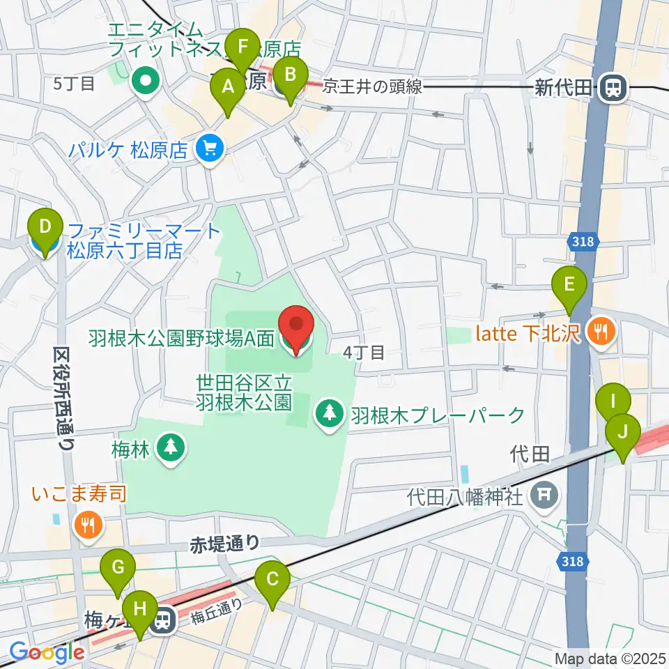 羽根木公園野球場周辺のコンビニエンスストア一覧地図