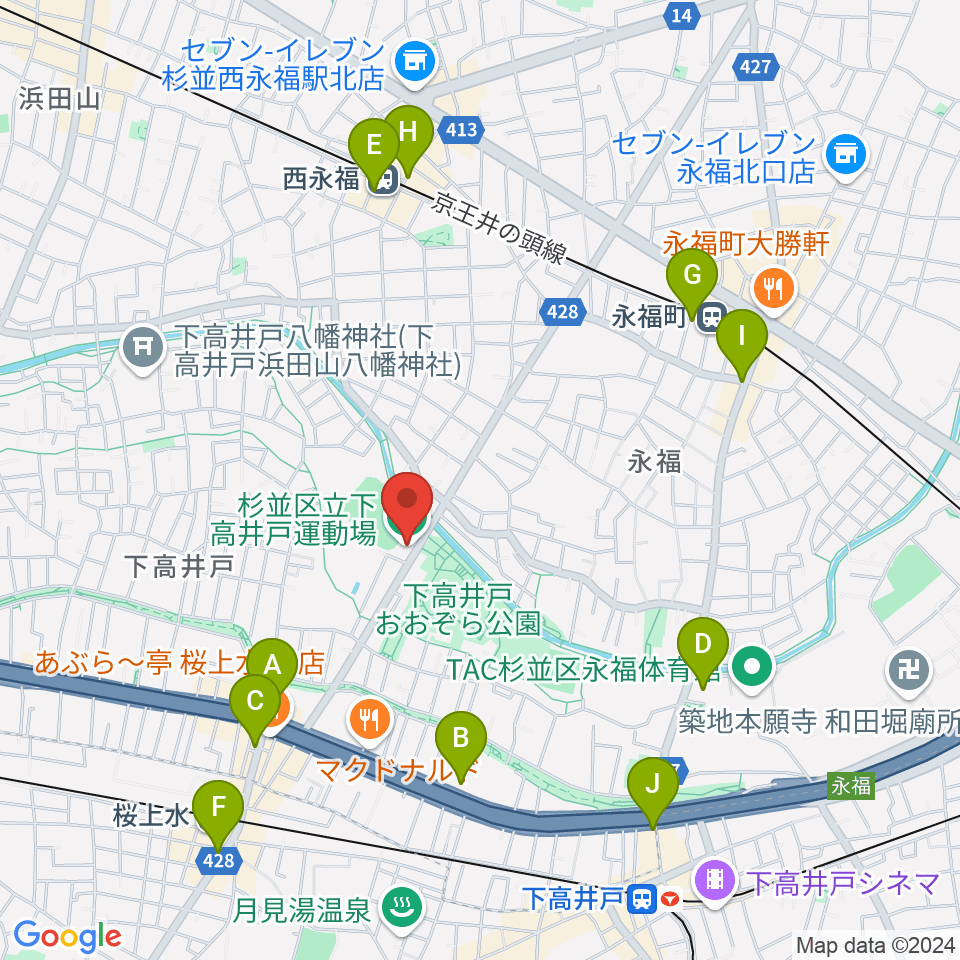 杉並区下高井戸運動場周辺のコンビニエンスストア一覧地図