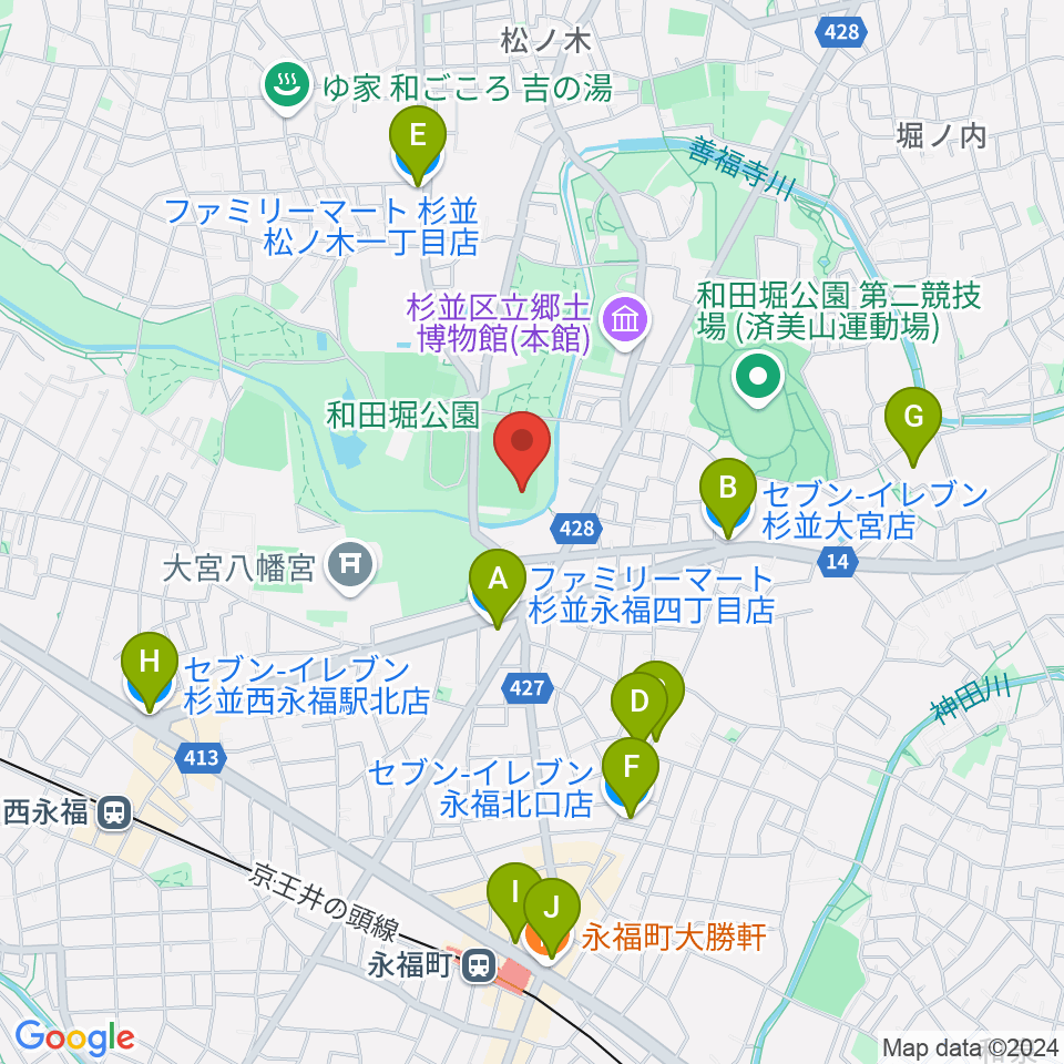 和田堀公園野球場周辺のコンビニエンスストア一覧地図