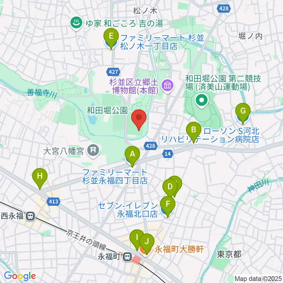 和田堀公園野球場周辺のコンビニエンスストア一覧地図