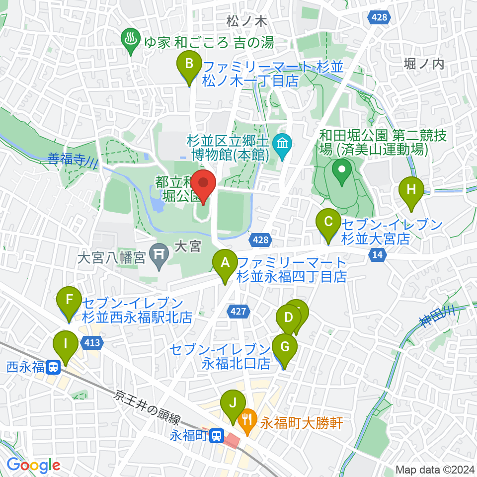 和田堀公園第一競技場周辺のコンビニエンスストア一覧地図