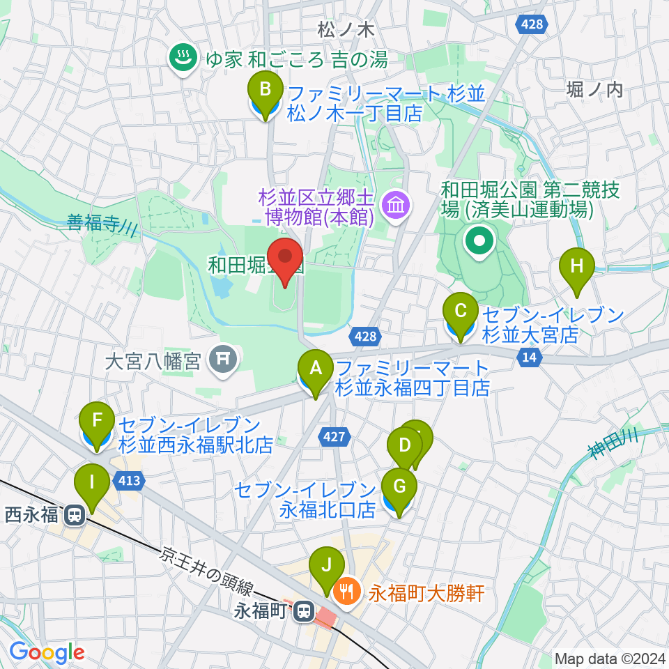 和田堀公園第一競技場周辺のコンビニエンスストア一覧地図