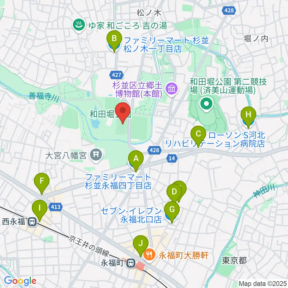 和田堀公園第一競技場周辺のコンビニエンスストア一覧地図