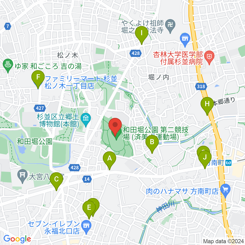 和田堀公園第二競技場周辺のコンビニエンスストア一覧地図