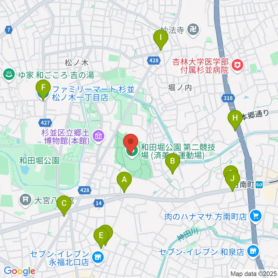 和田堀公園第二競技場周辺のコンビニエンスストア一覧地図